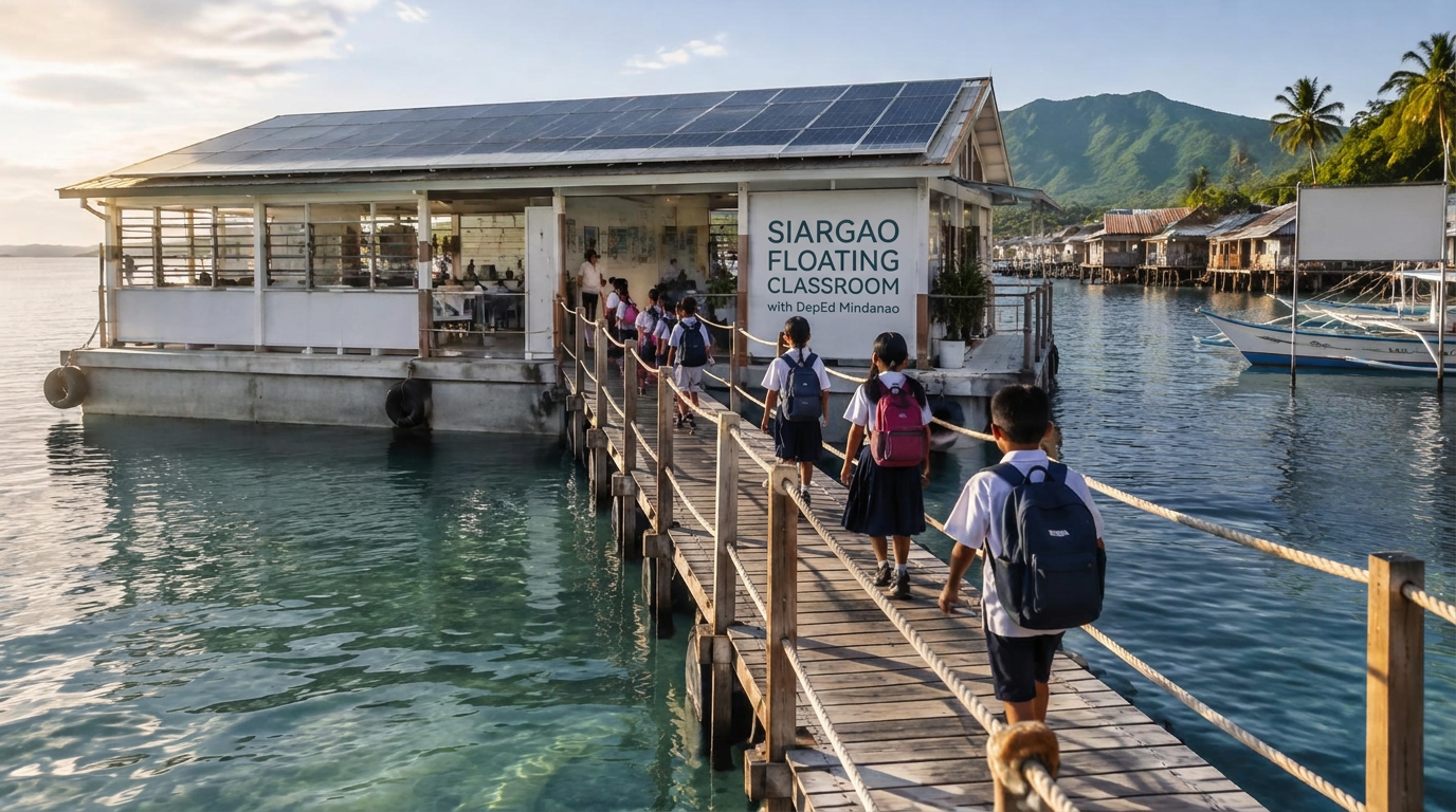 Floating classroom with solar roof connected by walkway to a coastal Philippine community