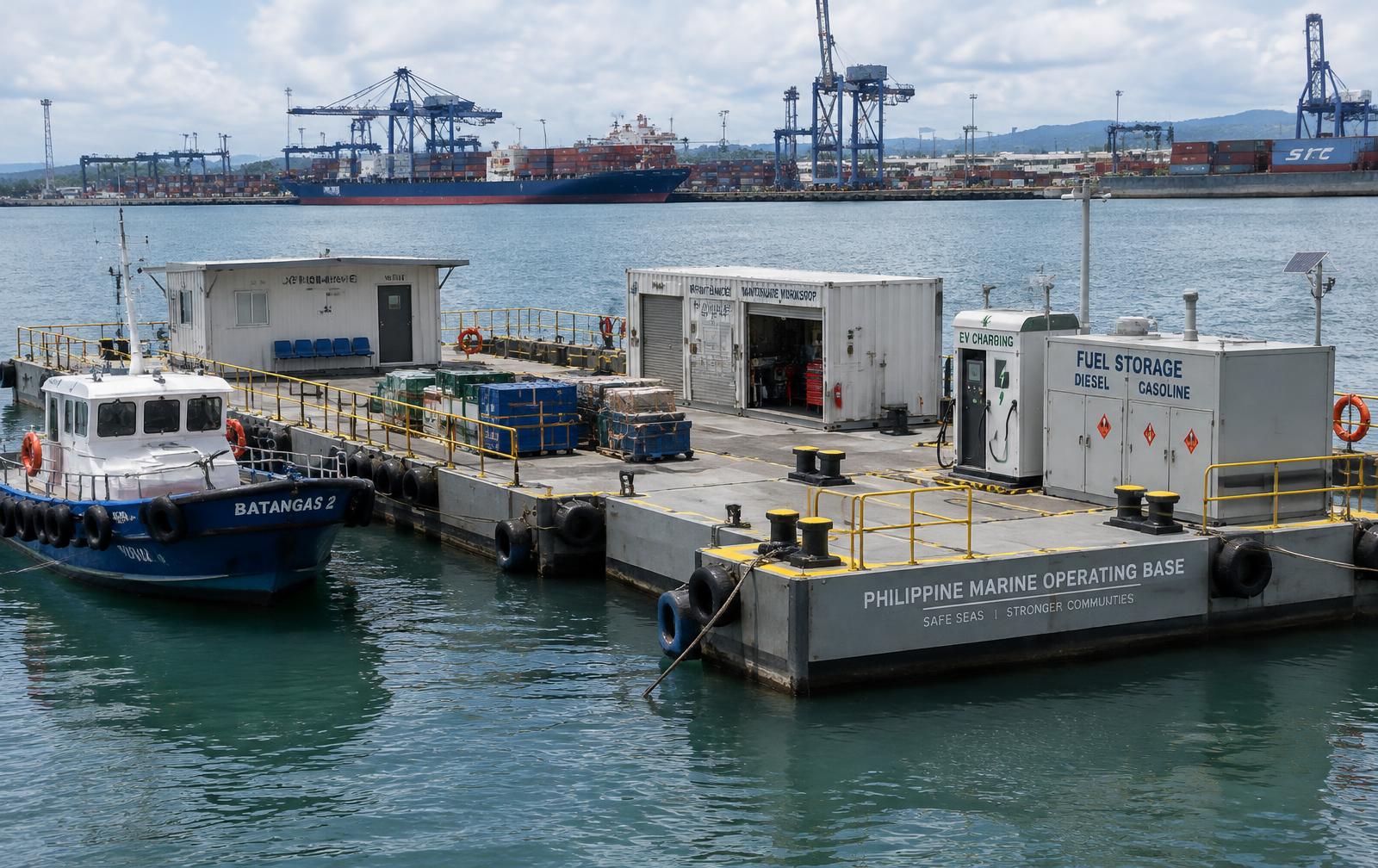 Modular floating marine operating base beside a working port